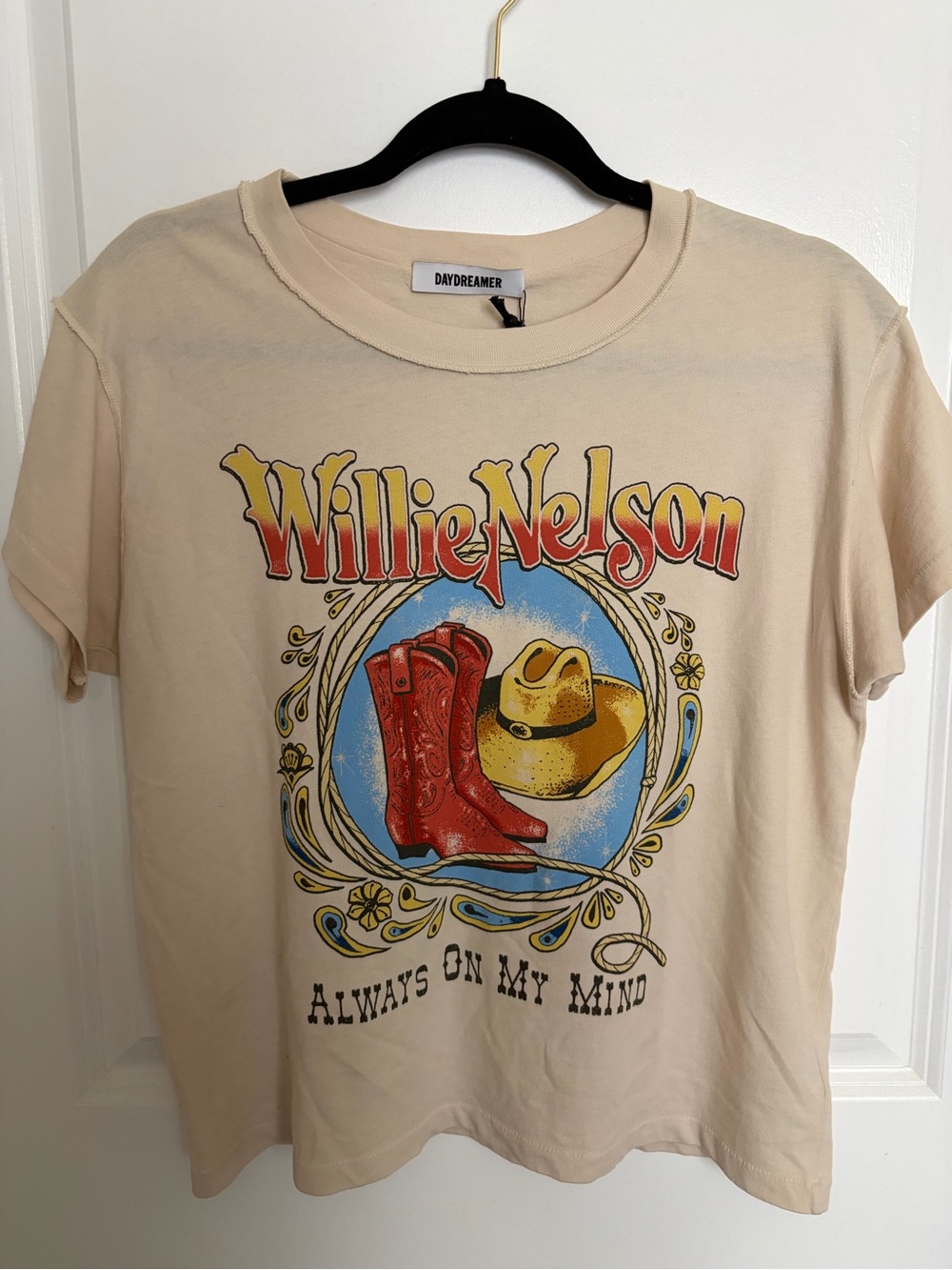 Daydreamer Cream Willie Nelson Graphic Tee with Red Boots and Yellow Hat